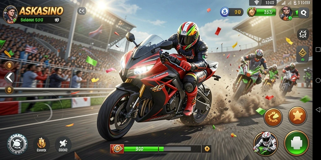Screenshot gameplay <strong>ASKASINO</strong> yang menampilkan balapan motor yang intens.