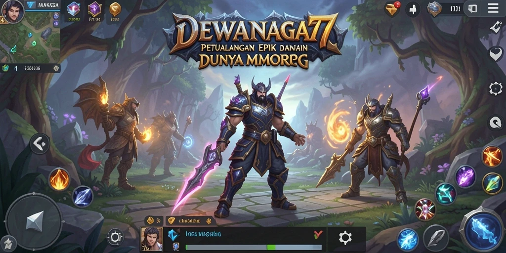 Screenshot gameplay DEWANAGA77 menunjukkan pertarungan epik di dunia fantastis.