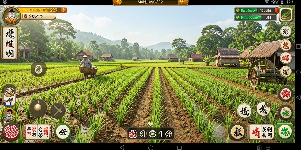 Tangkapan layar gameplay <strong>MAHJONG222</strong> menunjukkan suasana ladang yang indah dan aktivitass pertanian.