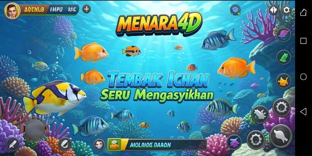 Screenshot MENARA4D menampilkan aksi seru menembak ikan di bawah laut.