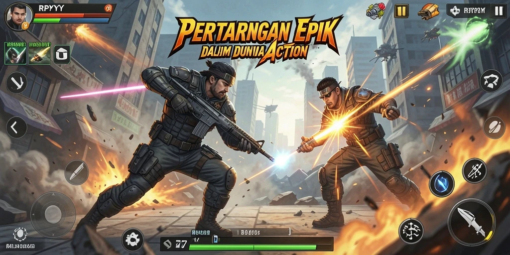 Screenshot gameplay RPYYY menampilkan pertarungan seru dan karakter yang dinamis.